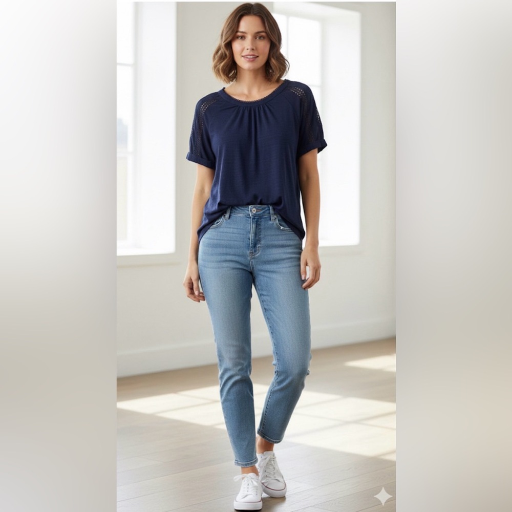 Chic Navy Women's Blouse with Lace Accents